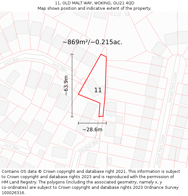 11, OLD MALT WAY, WOKING, GU21 4QD: Plot and title map