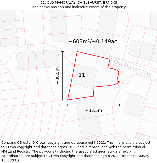 11, OLD MANOR WAY, CHISLEHURST, BR7 5XS: Plot and title map