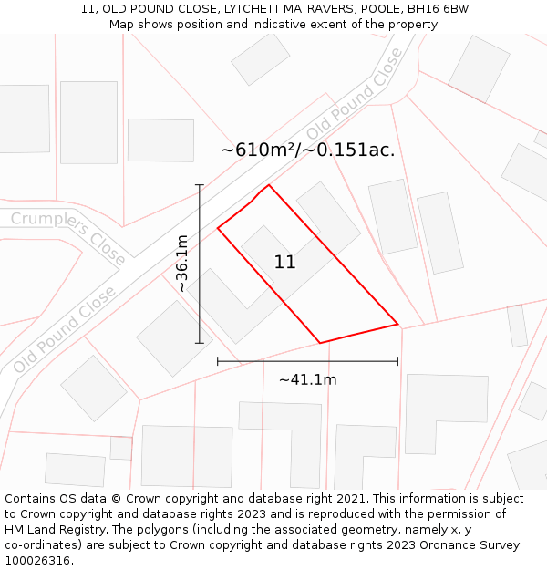 11, OLD POUND CLOSE, LYTCHETT MATRAVERS, POOLE, BH16 6BW: Plot and title map