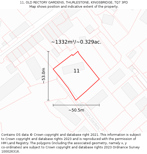 11, OLD RECTORY GARDENS, THURLESTONE, KINGSBRIDGE, TQ7 3PD: Plot and title map