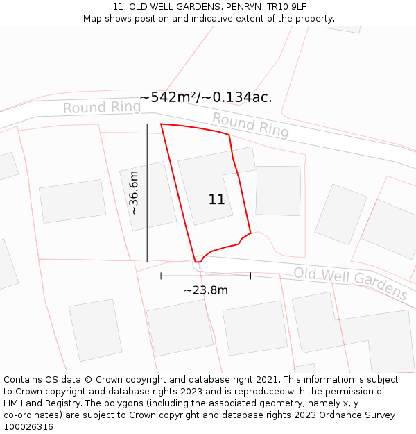 11, OLD WELL GARDENS, PENRYN, TR10 9LF: Plot and title map