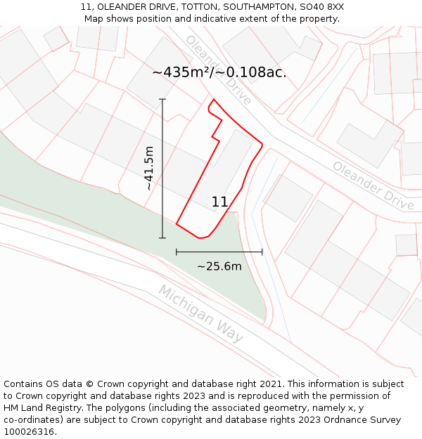 11, OLEANDER DRIVE, TOTTON, SOUTHAMPTON, SO40 8XX: Plot and title map