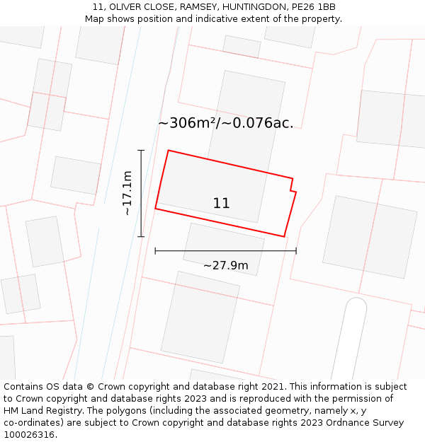 11, OLIVER CLOSE, RAMSEY, HUNTINGDON, PE26 1BB: Plot and title map