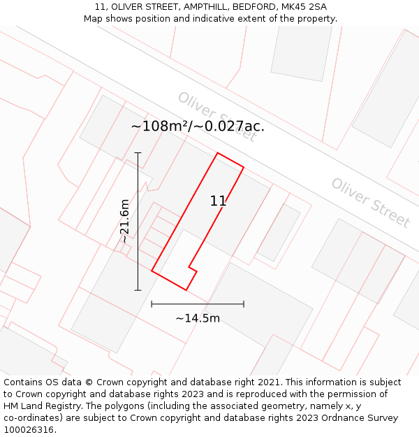 11, OLIVER STREET, AMPTHILL, BEDFORD, MK45 2SA: Plot and title map