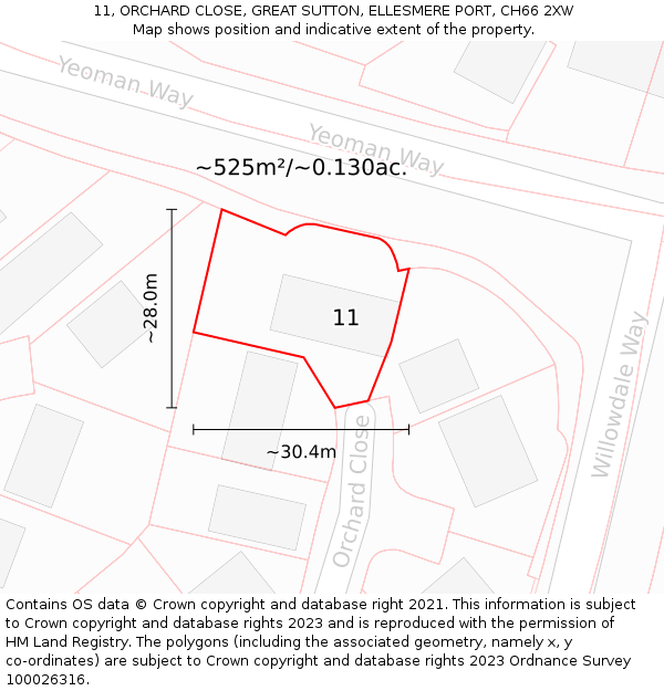 11, ORCHARD CLOSE, GREAT SUTTON, ELLESMERE PORT, CH66 2XW: Plot and title map