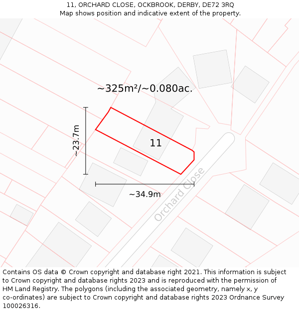 11, ORCHARD CLOSE, OCKBROOK, DERBY, DE72 3RQ: Plot and title map