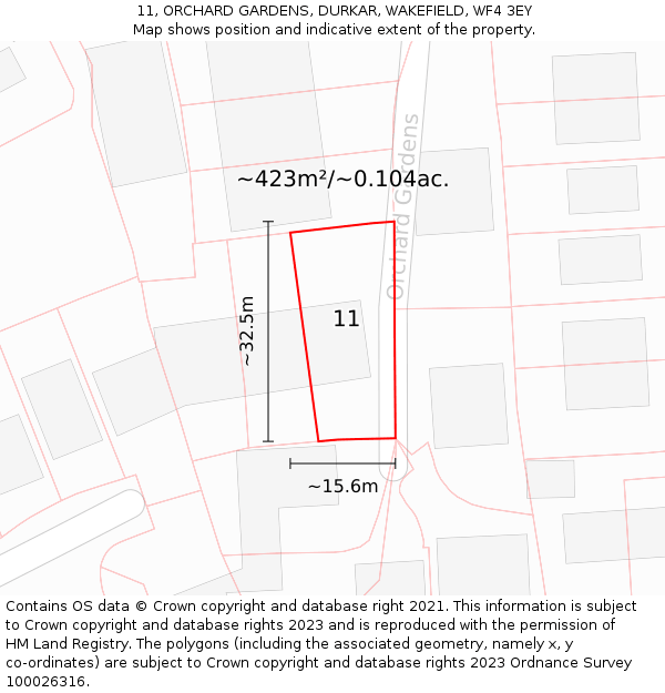 11, ORCHARD GARDENS, DURKAR, WAKEFIELD, WF4 3EY: Plot and title map
