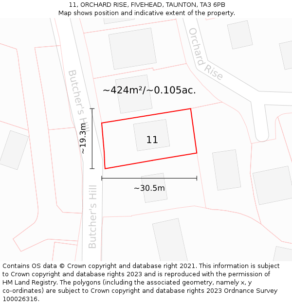 11, ORCHARD RISE, FIVEHEAD, TAUNTON, TA3 6PB: Plot and title map