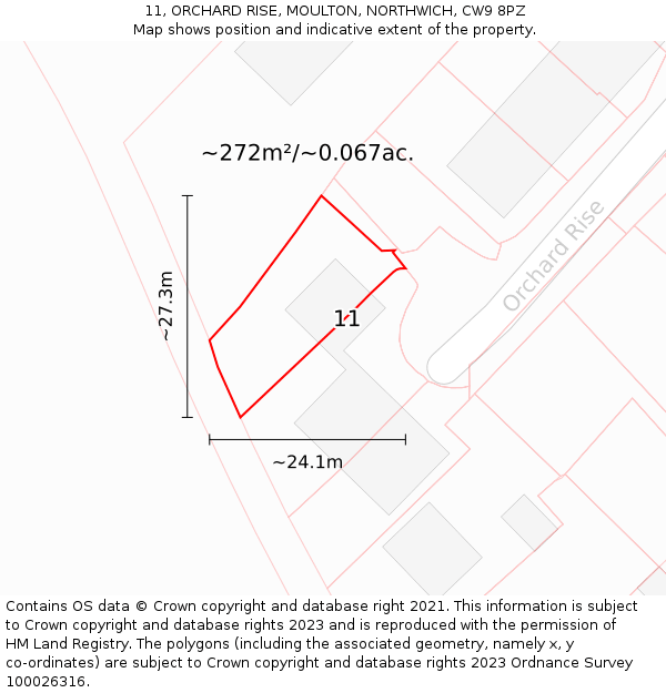 11, ORCHARD RISE, MOULTON, NORTHWICH, CW9 8PZ: Plot and title map