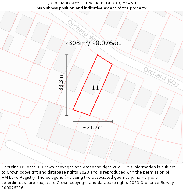 11, ORCHARD WAY, FLITWICK, BEDFORD, MK45 1LF: Plot and title map