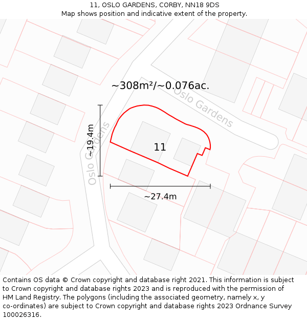 11, OSLO GARDENS, CORBY, NN18 9DS: Plot and title map