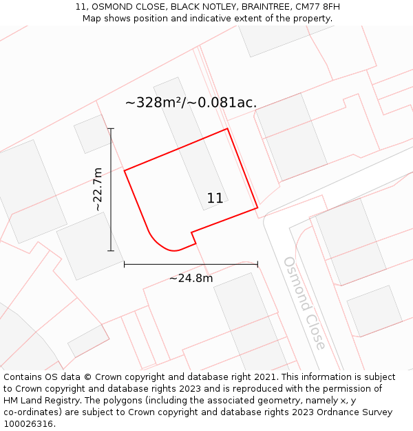 11, OSMOND CLOSE, BLACK NOTLEY, BRAINTREE, CM77 8FH: Plot and title map