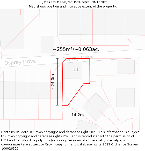 11, OSPREY DRIVE, SCUNTHORPE, DN16 3EZ: Plot and title map