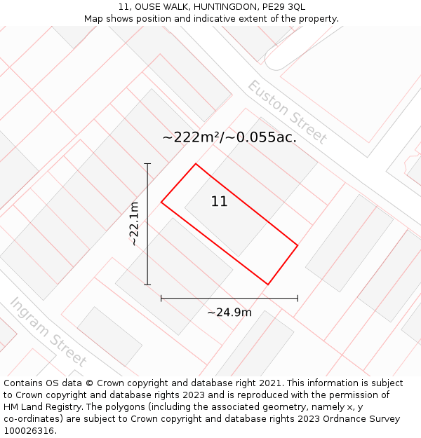 11, OUSE WALK, HUNTINGDON, PE29 3QL: Plot and title map