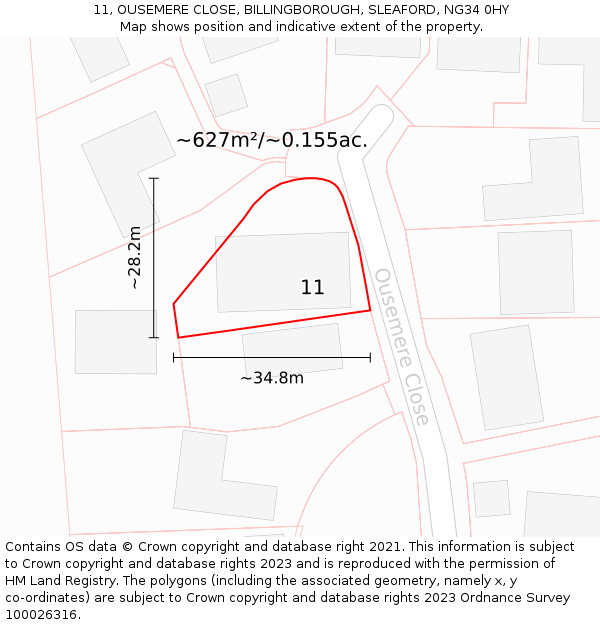 11, OUSEMERE CLOSE, BILLINGBOROUGH, SLEAFORD, NG34 0HY: Plot and title map