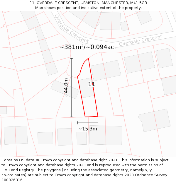 11, OVERDALE CRESCENT, URMSTON, MANCHESTER, M41 5GR: Plot and title map