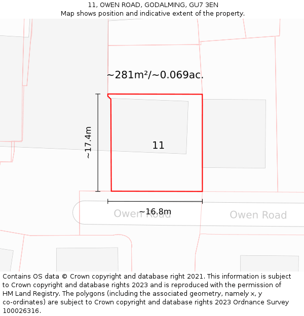 11, OWEN ROAD, GODALMING, GU7 3EN: Plot and title map