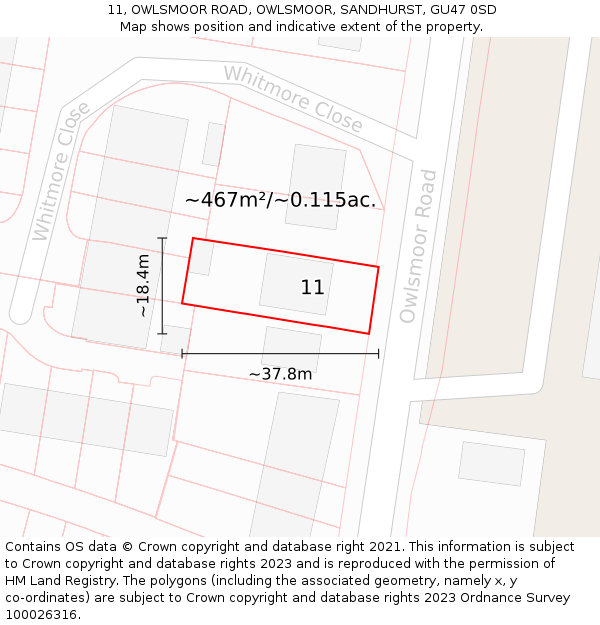 11, OWLSMOOR ROAD, OWLSMOOR, SANDHURST, GU47 0SD: Plot and title map