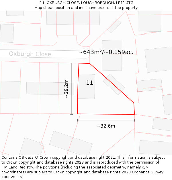 11, OXBURGH CLOSE, LOUGHBOROUGH, LE11 4TG: Plot and title map