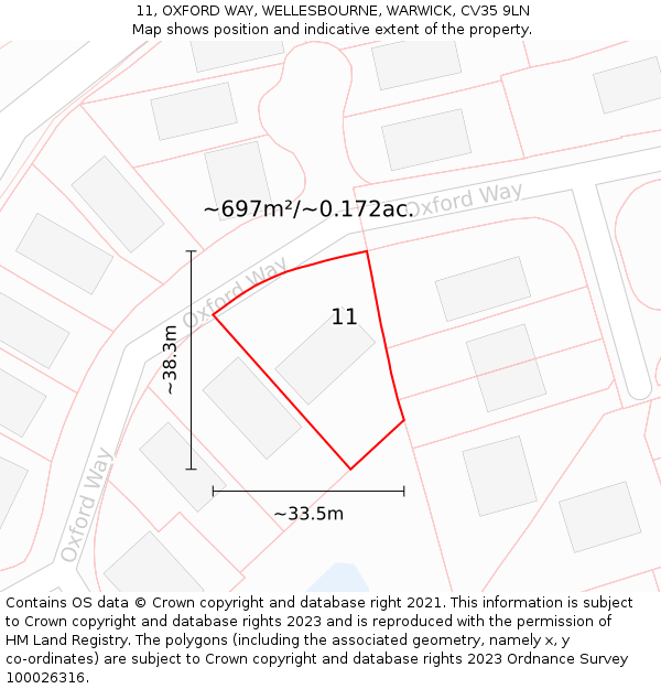 11, OXFORD WAY, WELLESBOURNE, WARWICK, CV35 9LN: Plot and title map