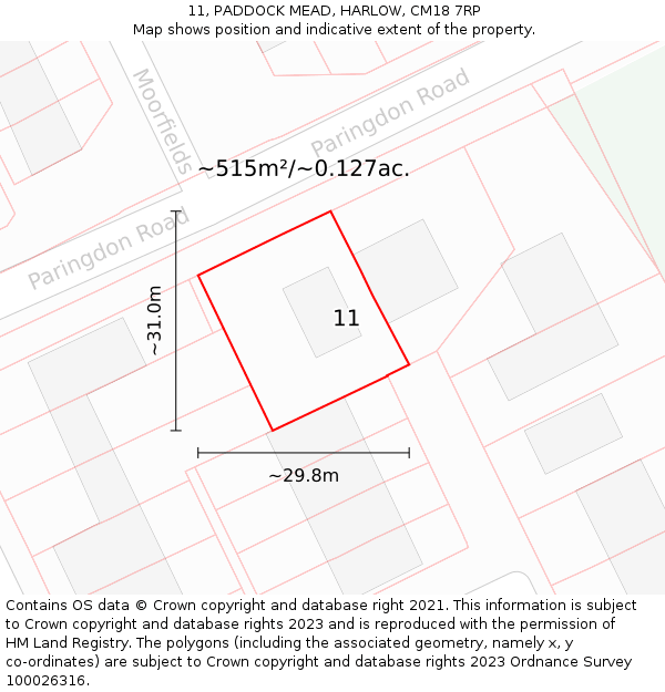 11, PADDOCK MEAD, HARLOW, CM18 7RP: Plot and title map