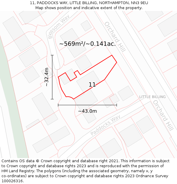 11, PADDOCKS WAY, LITTLE BILLING, NORTHAMPTON, NN3 9EU: Plot and title map