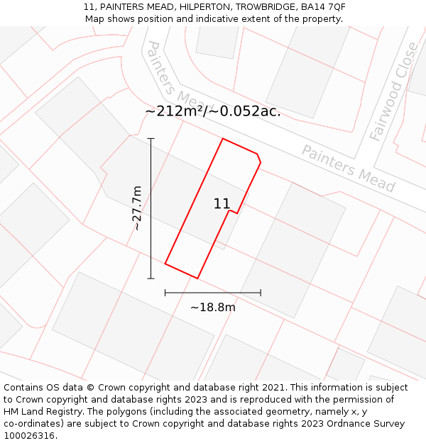 11, PAINTERS MEAD, HILPERTON, TROWBRIDGE, BA14 7QF: Plot and title map