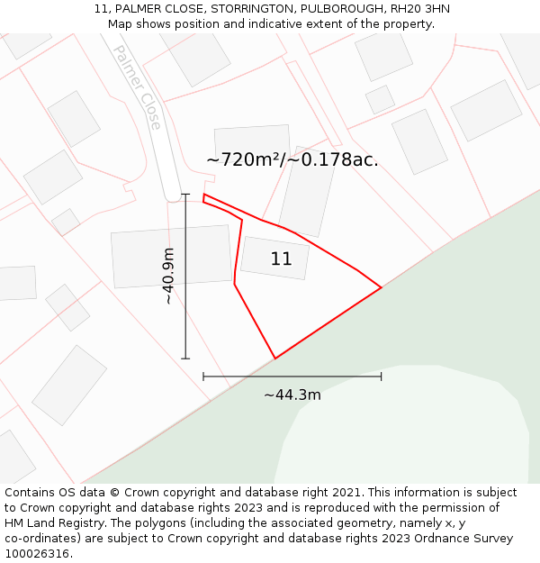 11, PALMER CLOSE, STORRINGTON, PULBOROUGH, RH20 3HN: Plot and title map