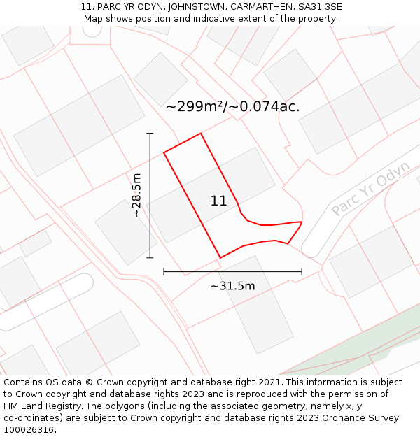 11, PARC YR ODYN, JOHNSTOWN, CARMARTHEN, SA31 3SE: Plot and title map