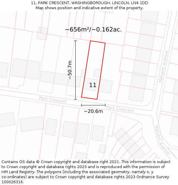 11, PARK CRESCENT, WASHINGBOROUGH, LINCOLN, LN4 1DD: Plot and title map
