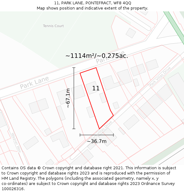 11, PARK LANE, PONTEFRACT, WF8 4QQ: Plot and title map