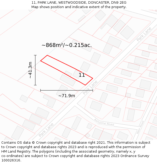 11, PARK LANE, WESTWOODSIDE, DONCASTER, DN9 2EG: Plot and title map