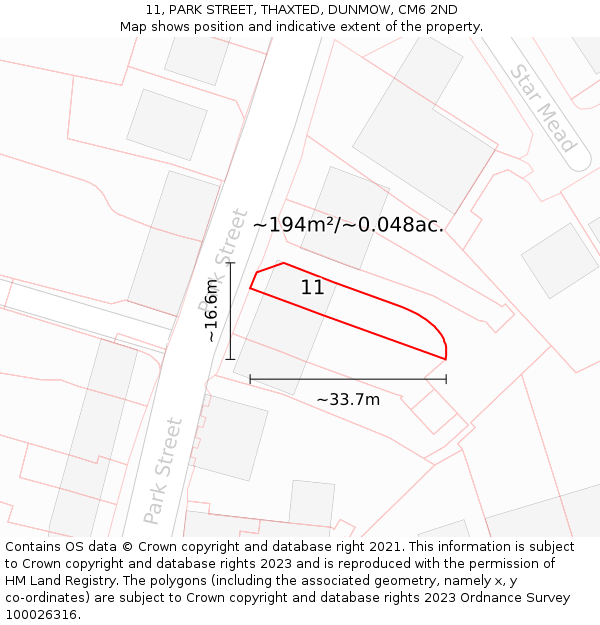 11, PARK STREET, THAXTED, DUNMOW, CM6 2ND: Plot and title map