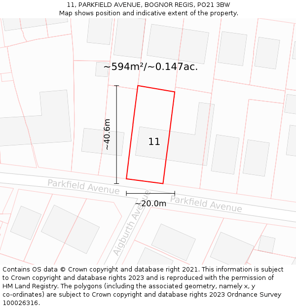 11, PARKFIELD AVENUE, BOGNOR REGIS, PO21 3BW: Plot and title map