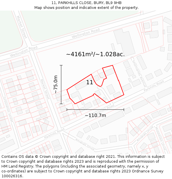 11, PARKHILLS CLOSE, BURY, BL9 9HB: Plot and title map