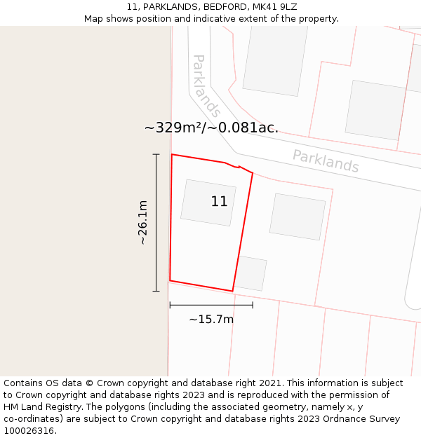 11, PARKLANDS, BEDFORD, MK41 9LZ: Plot and title map