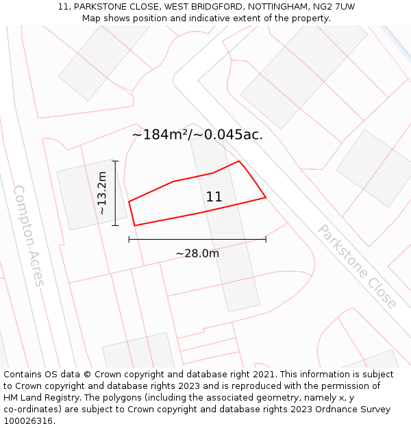 11, PARKSTONE CLOSE, WEST BRIDGFORD, NOTTINGHAM, NG2 7UW: Plot and title map