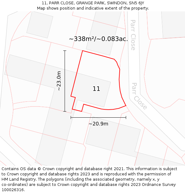 11, PARR CLOSE, GRANGE PARK, SWINDON, SN5 6JY: Plot and title map