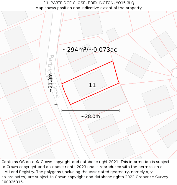 11, PARTRIDGE CLOSE, BRIDLINGTON, YO15 3LQ: Plot and title map