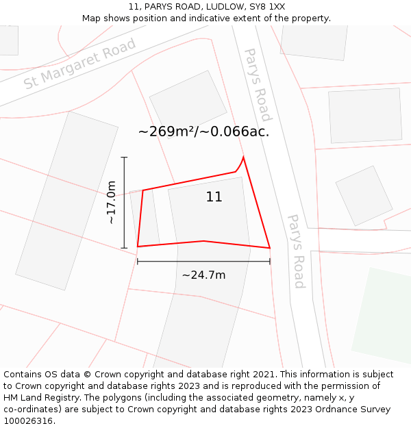 11, PARYS ROAD, LUDLOW, SY8 1XX: Plot and title map