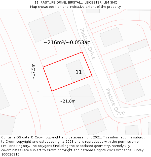 11, PASTURE DRIVE, BIRSTALL, LEICESTER, LE4 3NQ: Plot and title map