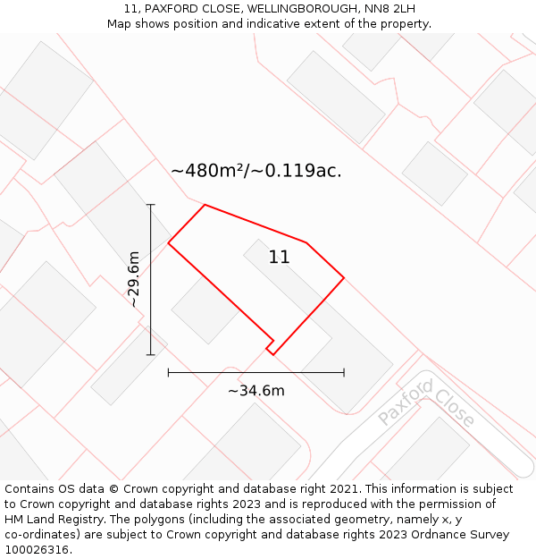 11, PAXFORD CLOSE, WELLINGBOROUGH, NN8 2LH: Plot and title map