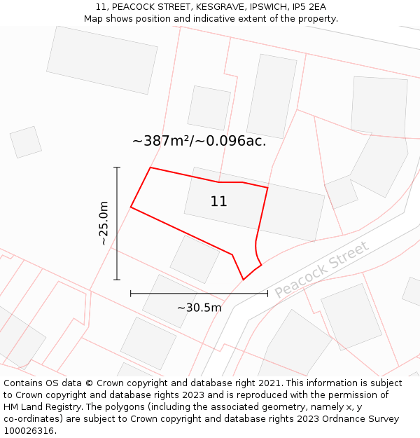 11, PEACOCK STREET, KESGRAVE, IPSWICH, IP5 2EA: Plot and title map