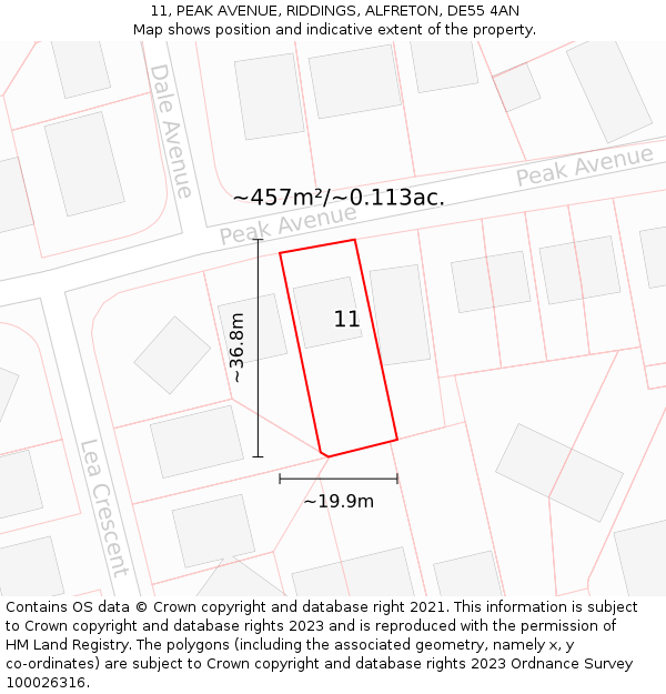 11, PEAK AVENUE, RIDDINGS, ALFRETON, DE55 4AN: Plot and title map