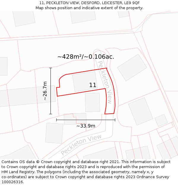 11, PECKLETON VIEW, DESFORD, LEICESTER, LE9 9QF: Plot and title map