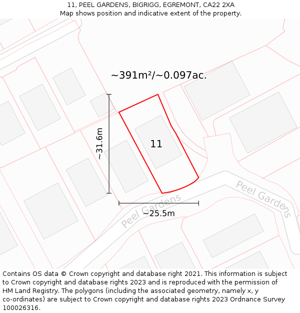 11, PEEL GARDENS, BIGRIGG, EGREMONT, CA22 2XA: Plot and title map