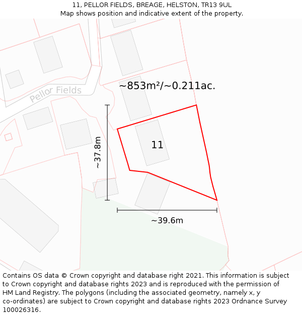 11, PELLOR FIELDS, BREAGE, HELSTON, TR13 9UL: Plot and title map