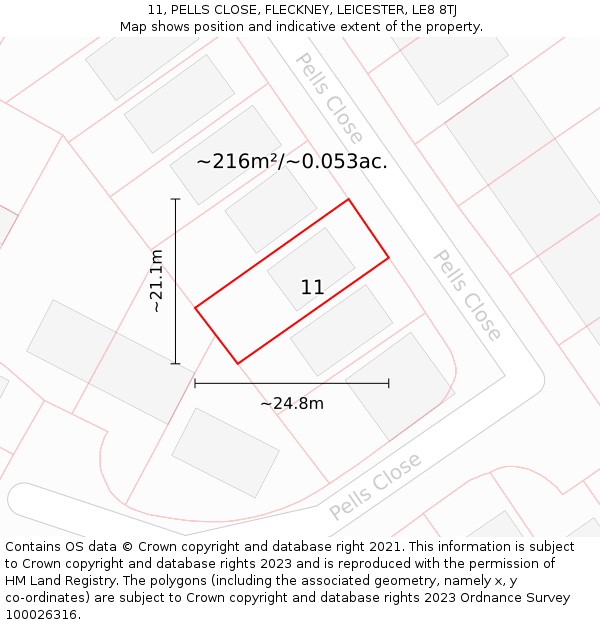 11, PELLS CLOSE, FLECKNEY, LEICESTER, LE8 8TJ: Plot and title map