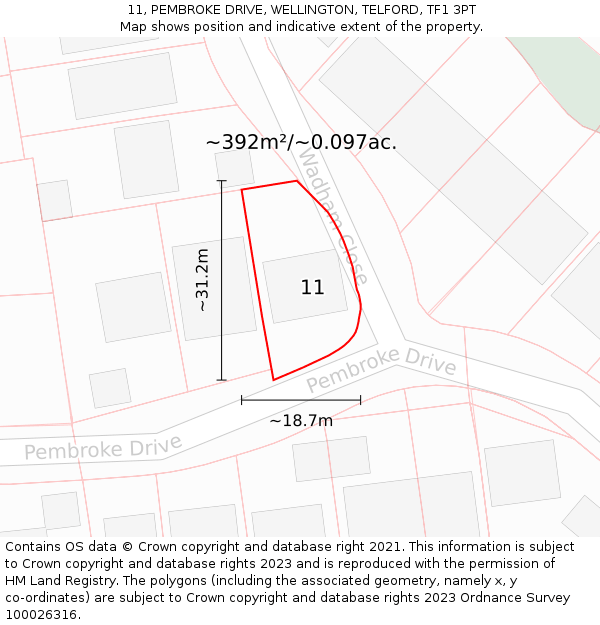 11, PEMBROKE DRIVE, WELLINGTON, TELFORD, TF1 3PT: Plot and title map