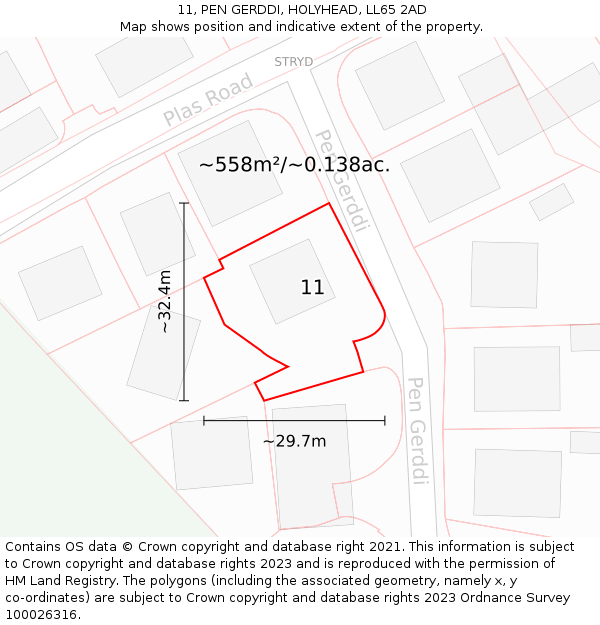 11, PEN GERDDI, HOLYHEAD, LL65 2AD: Plot and title map